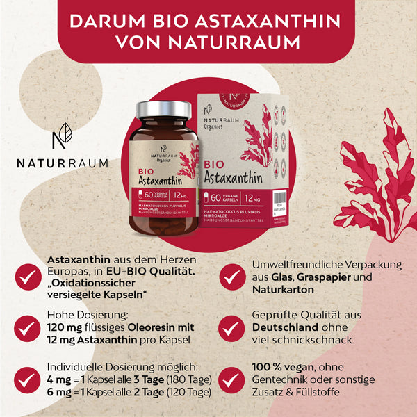 BIO Astaxanthin 12 mg pro Kapsel I 1 Glas mit 60 Kapseln I Vegan   MHD 02/2025