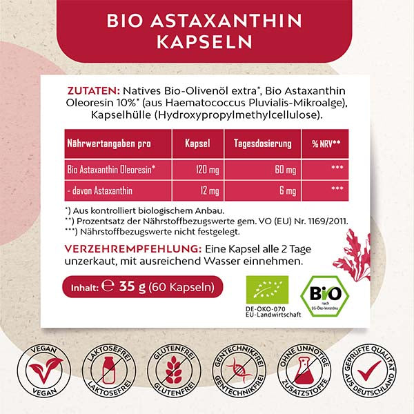 BIO Astaxanthin 12 mg pro Kapsel I 1 Glas mit 60 Kapseln I Vegan   MHD 02/2025