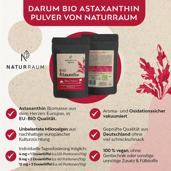 BIO Astaxanthin Biomasse 5% I 10 g Pulver mit Dosierlöffel I Vegan