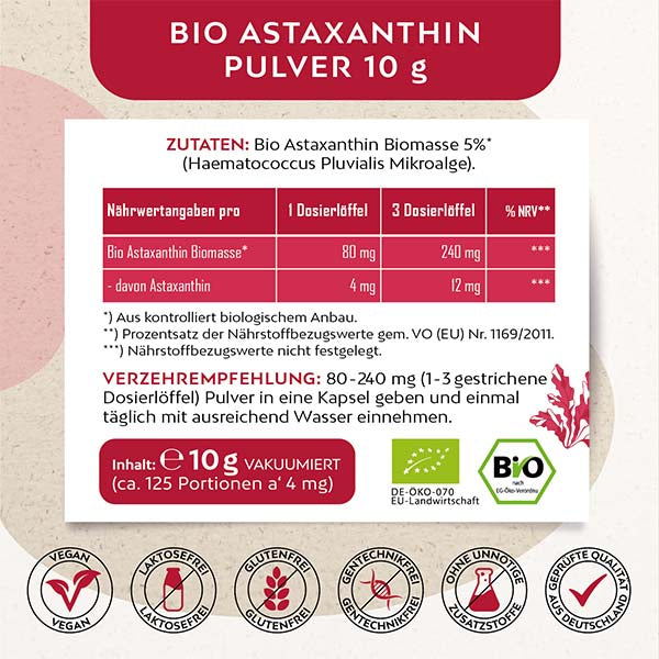 BIO Astaxanthin Biomasse 5% I 10 g Pulver mit Dosierlöffel I Vegan