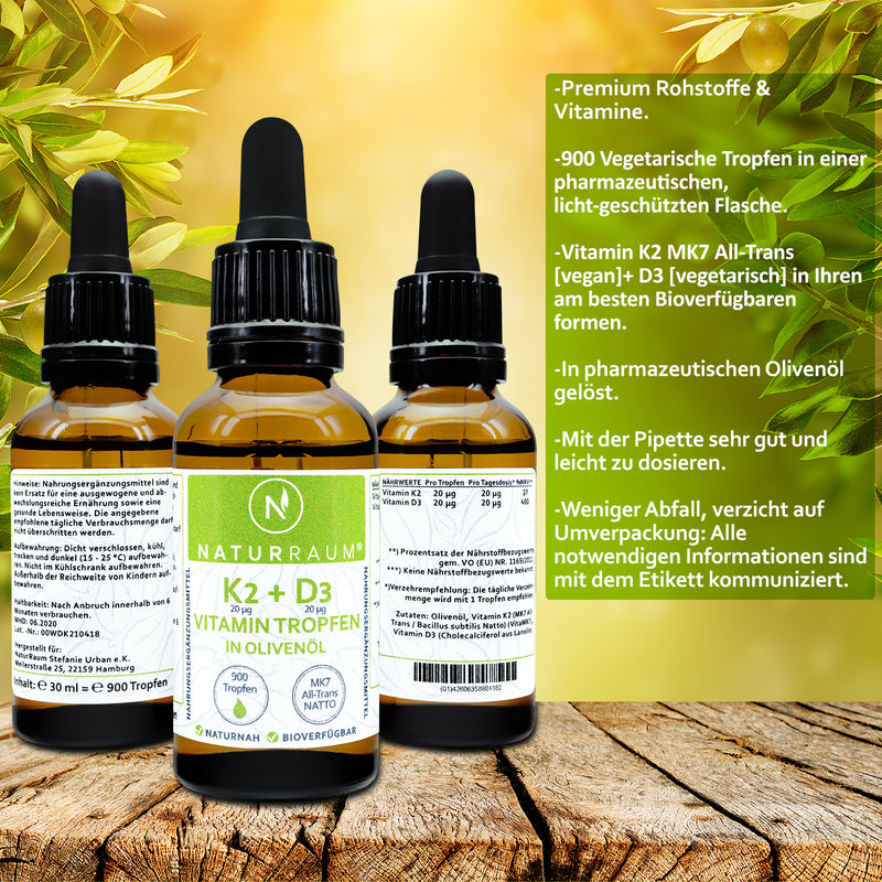 1 Flasche VITAMIN D3 + K2 Tropfen I 30 ml I HOCHDOSIERT I K2 MK7 99,7% ALL Trans & Cholecalciferol I Vegan