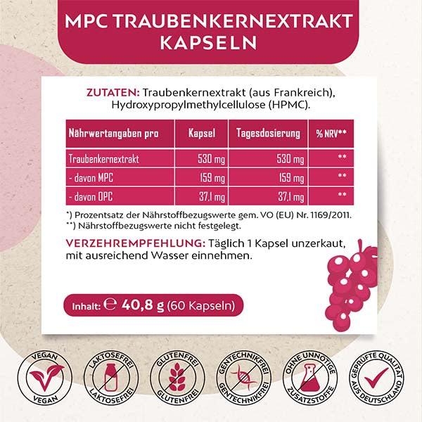 MPC Traubenkernextrakt I 1 Glas mit 60 Kapseln 530 mg pro Kapsel I Vegan
