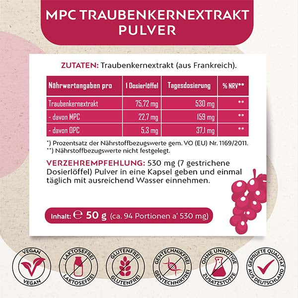 MPC Traubenkernextrakt I 50 g Pulver mit Dosierlöffel I Vegan