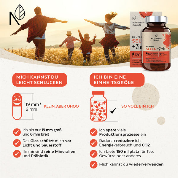 Selen + Zink Komplex I 1 Glas mit 120 extra kleinen Kapseln I pro Kapsel 200 mcg L- Selenmethionin & 15 mg Zinkgluconat I Vegan